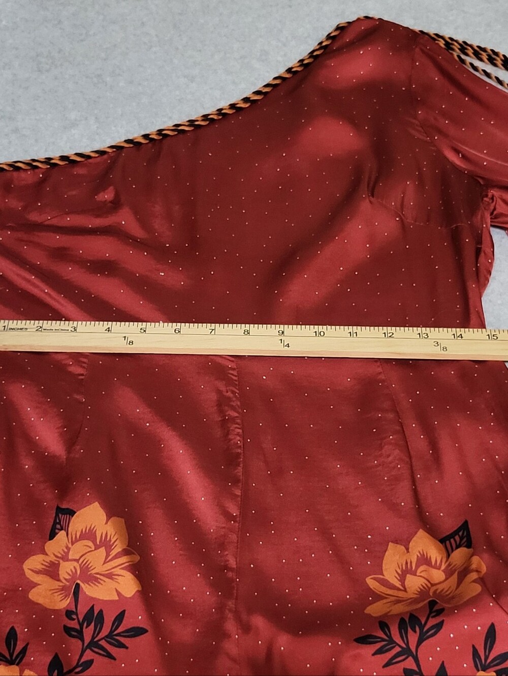 Farm Rio Anthropologie One Shoulder Jumpsuit Sz M Red Floral Satin Boho Festival - Picture 14 of 16